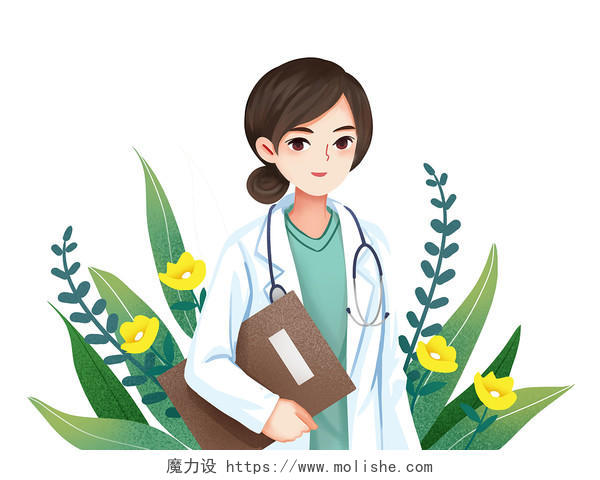 彩色手绘卡通医生白衣天使医护人员花草花叶叶子元素PNG素材